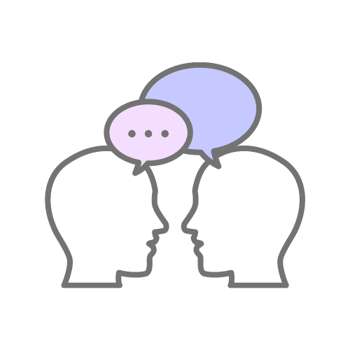 An icon showing two heads with speech bubbles, depicting one to one, face to face coaching sessions