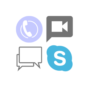 A telephone icon, the Zoom icon, a web chat icon and the skype icon, representing the availability of virtual coaching sessions