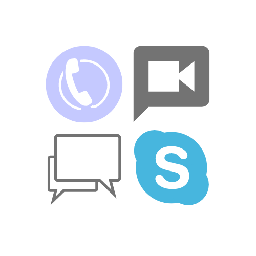 A telephone icon, the Zoom icon, a web chat icon and the skype icon, representing the availability of virtual coaching sessions